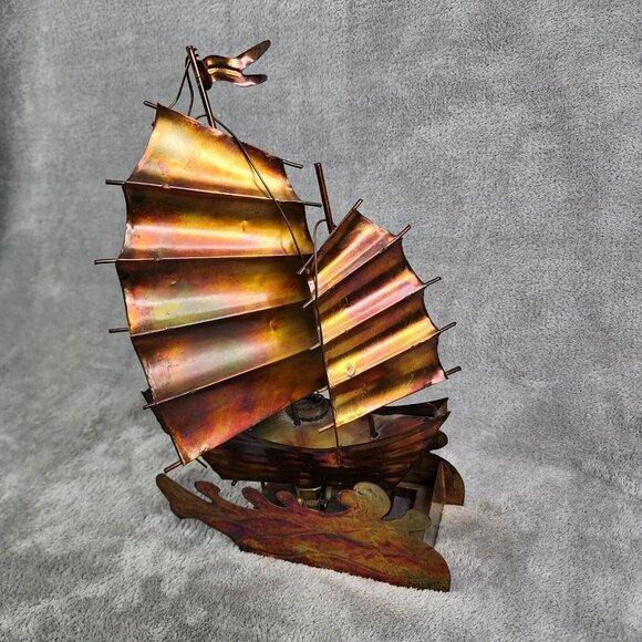 Vintage Copper Art Musical Kinetic Sailing Ship Plays Beyond the Reef Music - Picture 2 of 16